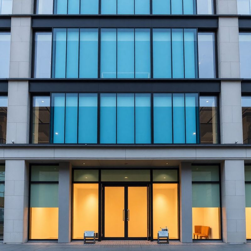 Architektúra modernej administratívnej budovy s azúrovými sklenenými panelmi